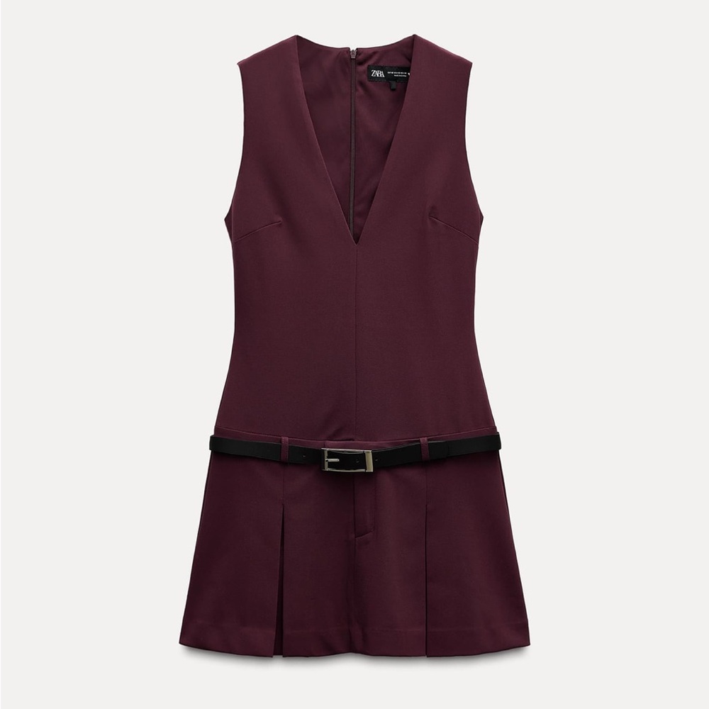 Zara burgundy belted pleat dress 4764/267